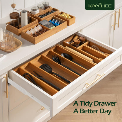 Carbonized Bamboo Kitchen Drawer Organizer, 8 Slots Silverware Organizer, Utensil Holder & Cutlery Tray, 2.2" Deep for Extra Capacity, Non-Slip Feet Included