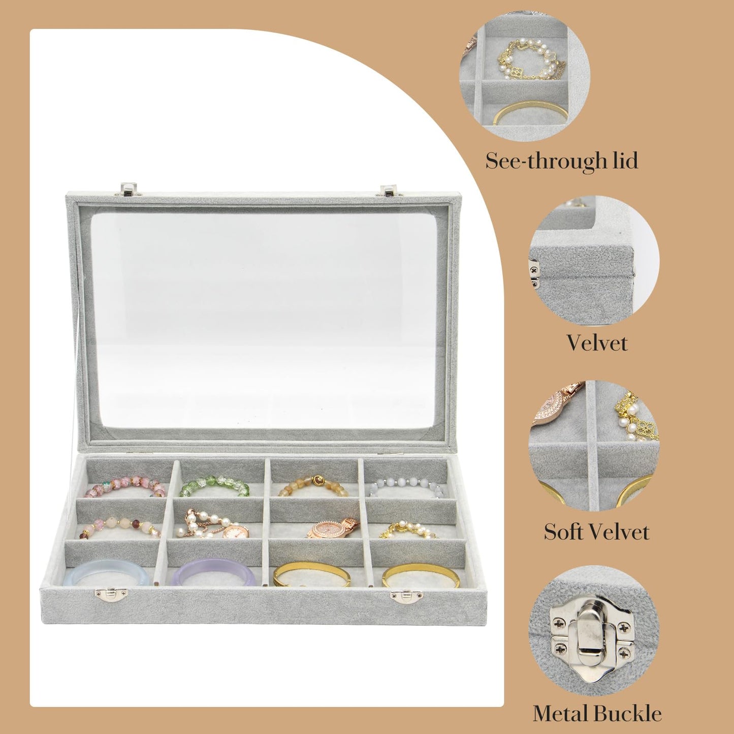 KOOAAICCHI Jewelry Organizer Bracelet Organizer Storage Box 12 Grid Stackable Jewelry Tray with Lid Velvet Jewelry Box Case Organizer for Home Drawer Desk or Store Selling Show(Velvet Grey)
