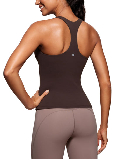 CRZ YOGA Butterluxe Workout Racerback Tank Tops for Women - Padded Athletic Spandex Yoga Shirts with Built in Bra Hot Fudge Brown Medium