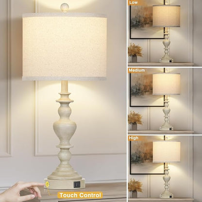 27" Farmhouse Lamps Set of 2 with USB C+A Charging Ports, Vintage Rustic Touch Control Table Lamp for Living Room, 3-Way Dimmable Traditional Nightstand Bedside Lamp for Bedroom Resin Washed Beige