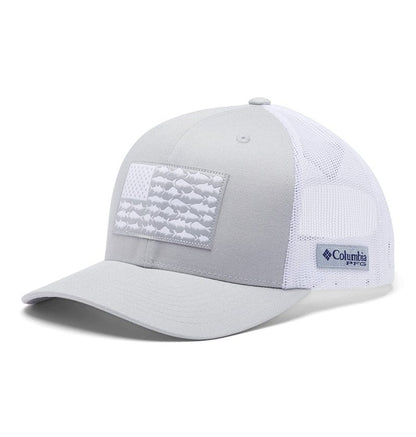 Columbia Unisex PFG Mesh Snap Back Fish Flag Ball Cap, Cool Grey/White/US Fish Flag, One Size