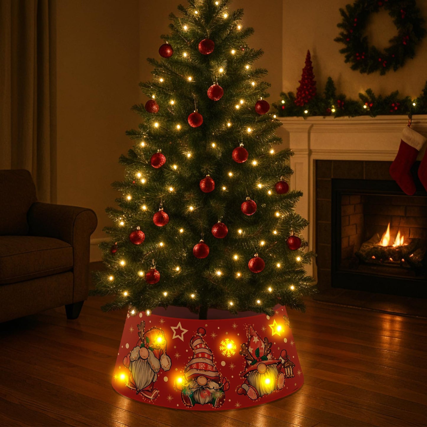 Christmas Gnome Tree Collar with LED Light Red Tree Skirt Ring Base Cover for Christmas Trees Decoration Holiday Indoor Outdoor