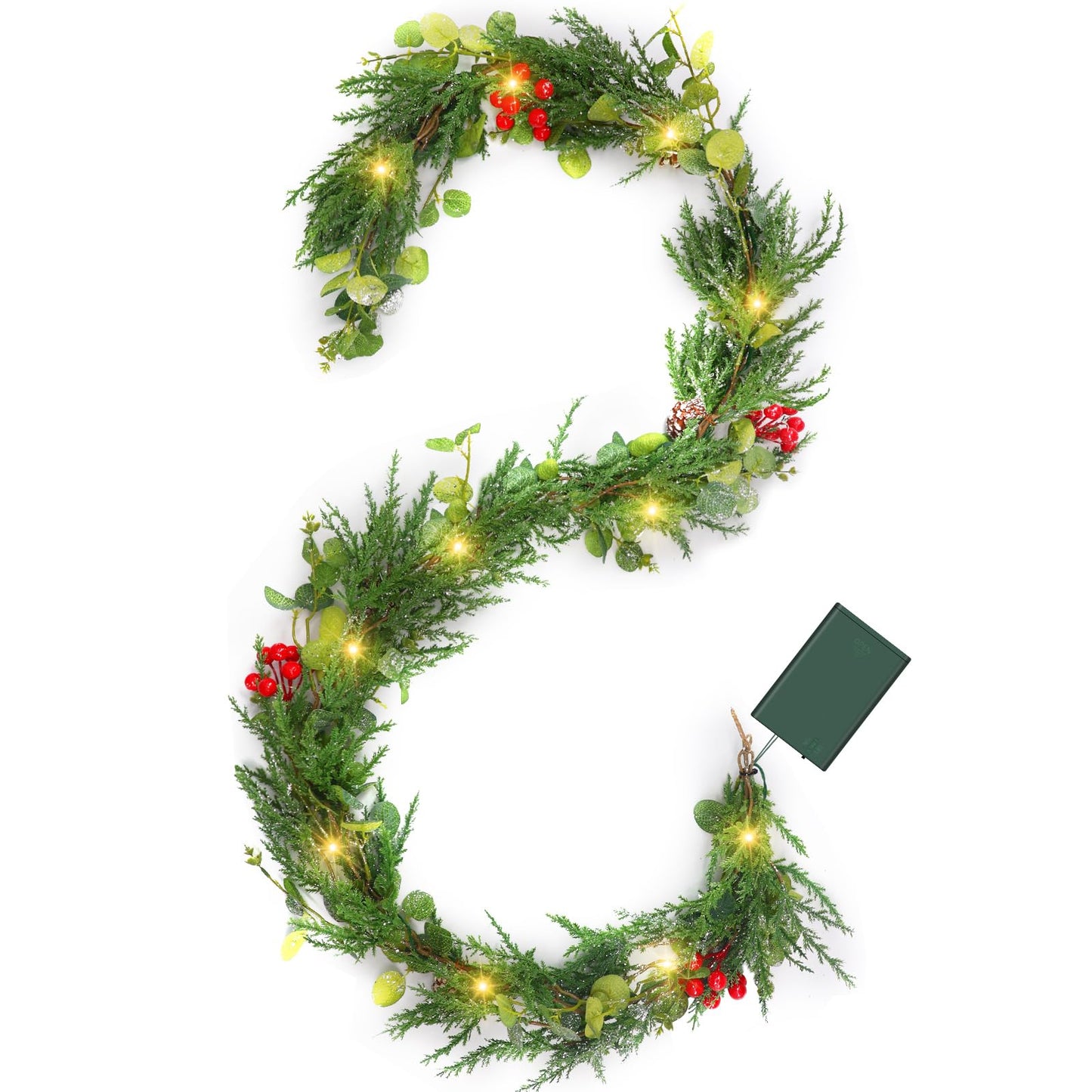 6FT Prelit Christmas Garland with Lights, Realistic Eucalyptus Garland with Artificial Cedar Cypress Leaves Red Berries Pine Cone Greenery Xmas Garland for Mantle Stair Railing Fireplace Decoration