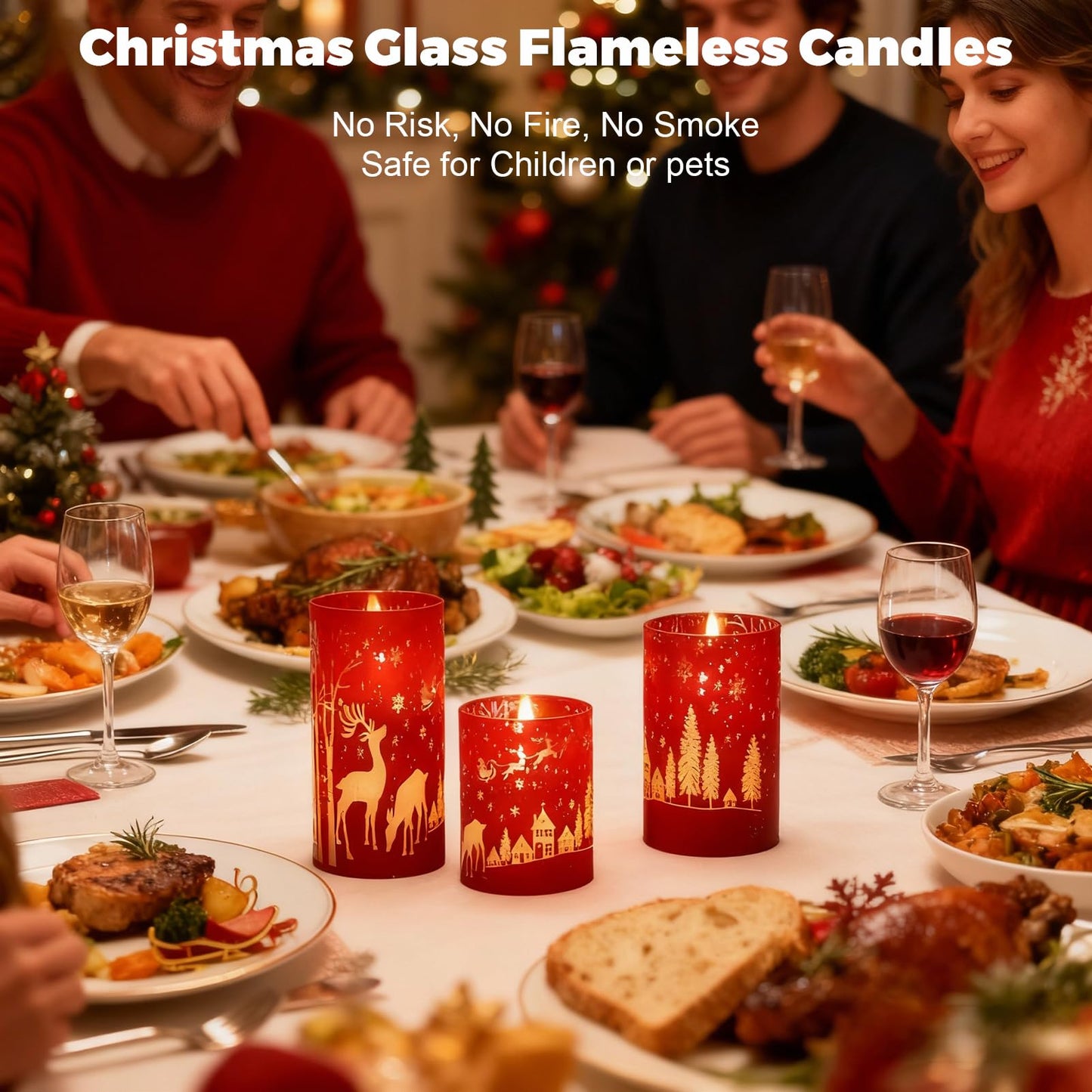 Wondise Red Christmas Reindeer LED Flameless Candles with Remote Timer, Electroplate Glass Battery Operated Real Wax Flickering 3D Wick Pillar Candles for Christmas Holiday Home Decoration