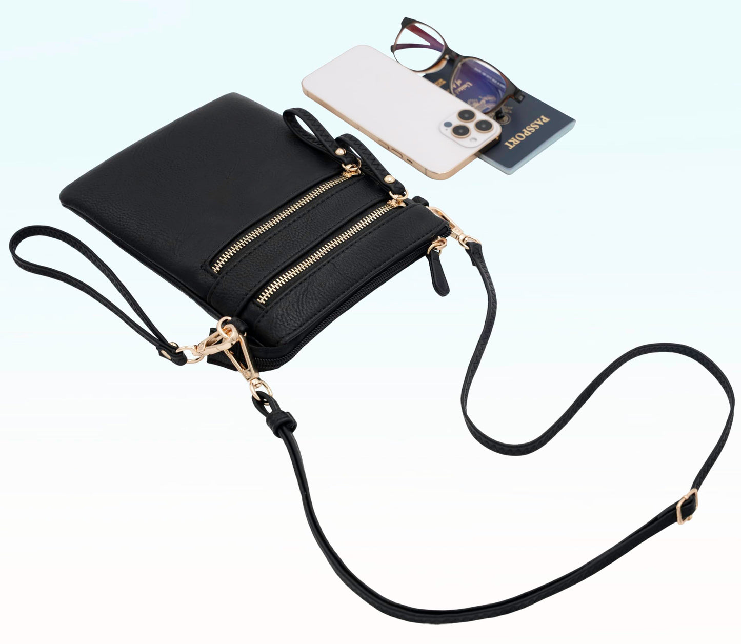 Solene Women's Faux Leather Organizer Multi Zipper Pockets Handbag With Detachable Wristlet Crossbody Bag-WU002(Black)