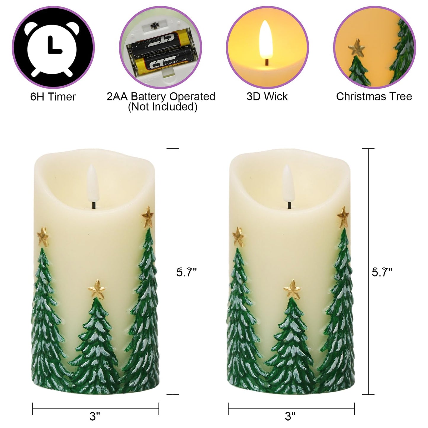 Eldnacele Christmas Flameless Candles with 6 Hour Timer Battery Operated Hand Painted Christmas Tree Real Wax 3D Wick Flickeirng LED Pillar Candle for Dinner Indoor Holiday Xmas Decor(2Pcs,D3×H5.7)