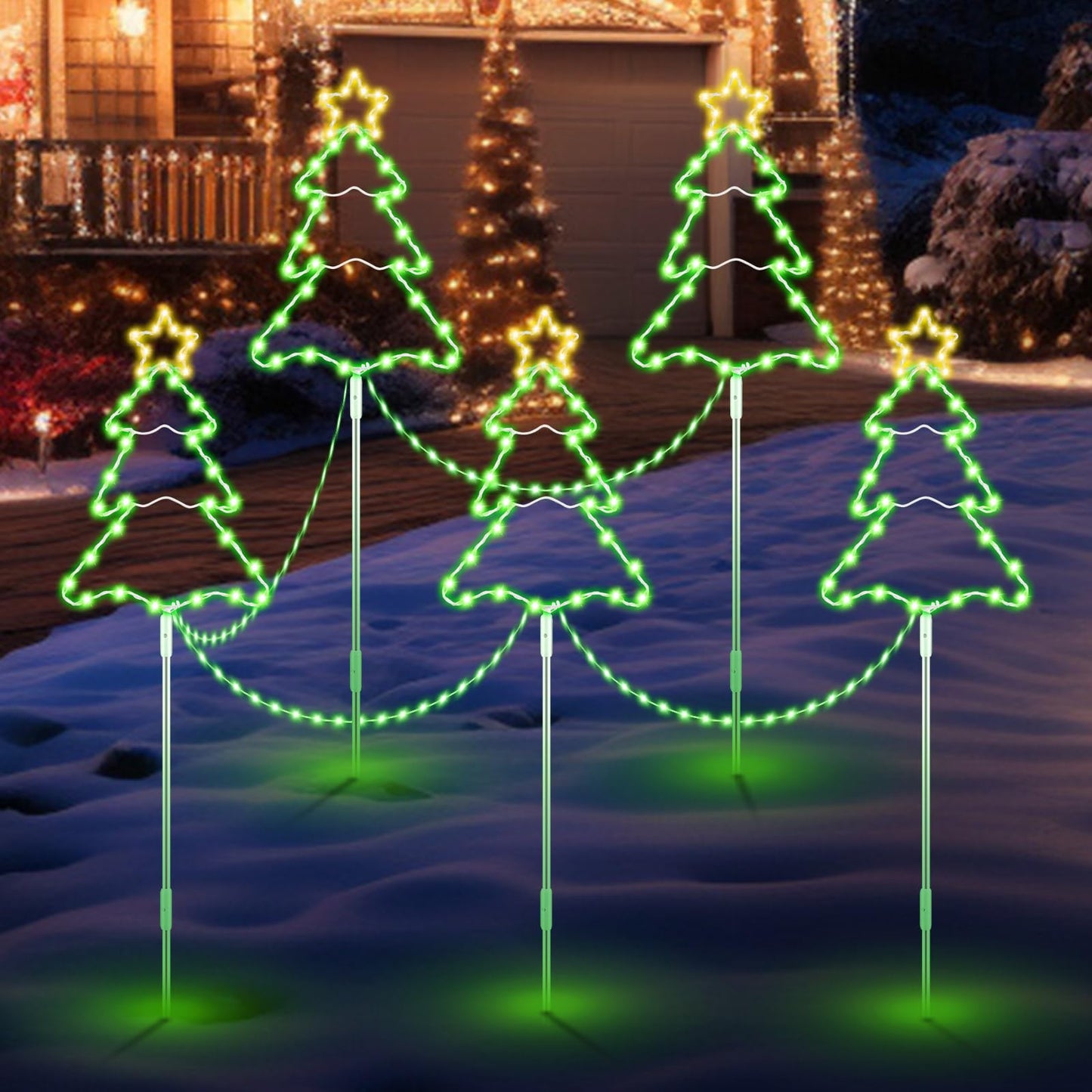 5 Pack 39.4'' Higher Christmas Tree Pathway Lights 250LEDS Outdoor Decorations, Bigger 13.8" Christmas Tree Sign w/ 8 Modes Lighting Waterproof Stake Lights for Xmas Festive Outside Garden, Yard Decor
