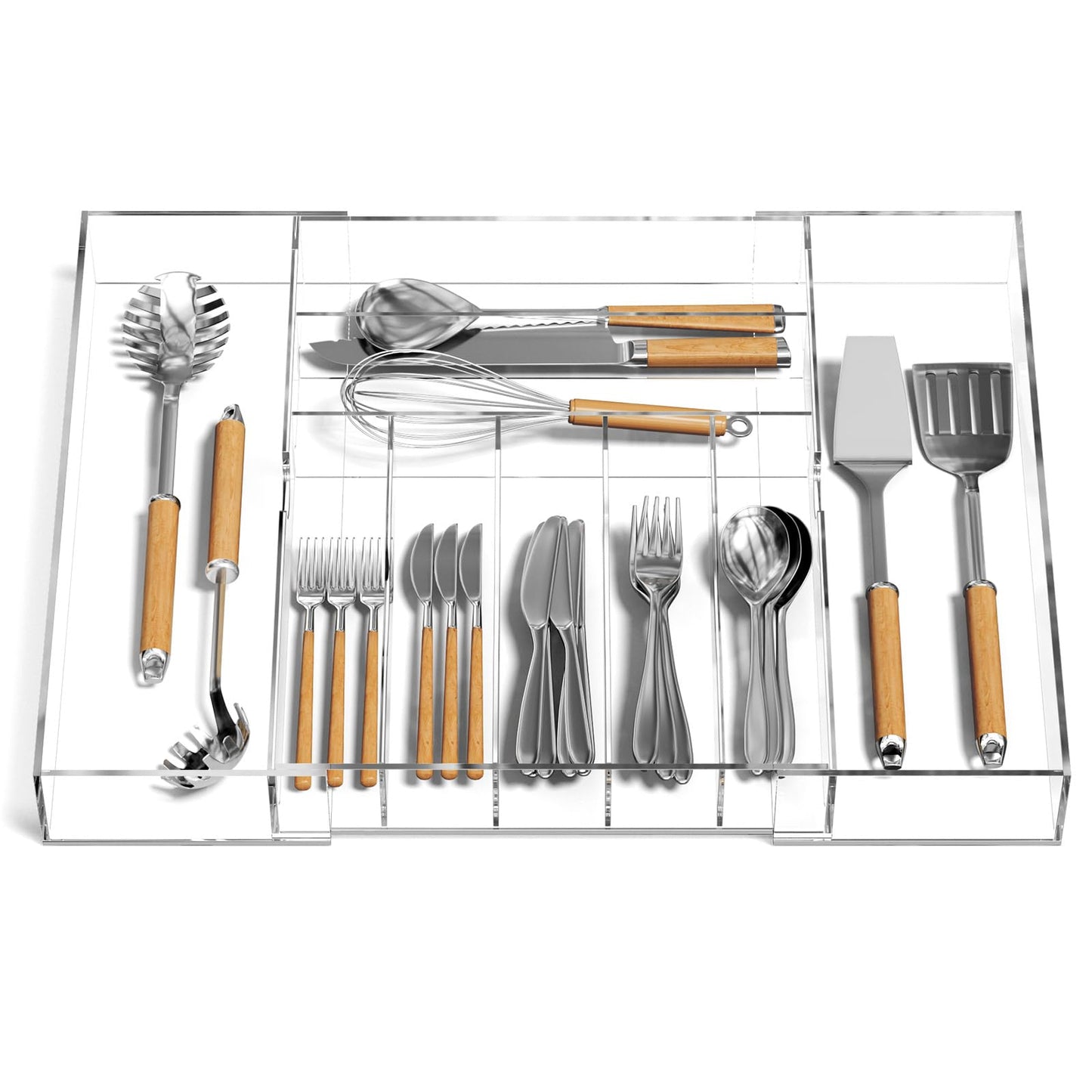 NIUBEE Expandable Kitchen Drawer Organizer for Flatware and Utensils,Clear Acrylic Adjustable Silverware Tray for Drawer,Office,Bathroom Supplies-9 Compartments