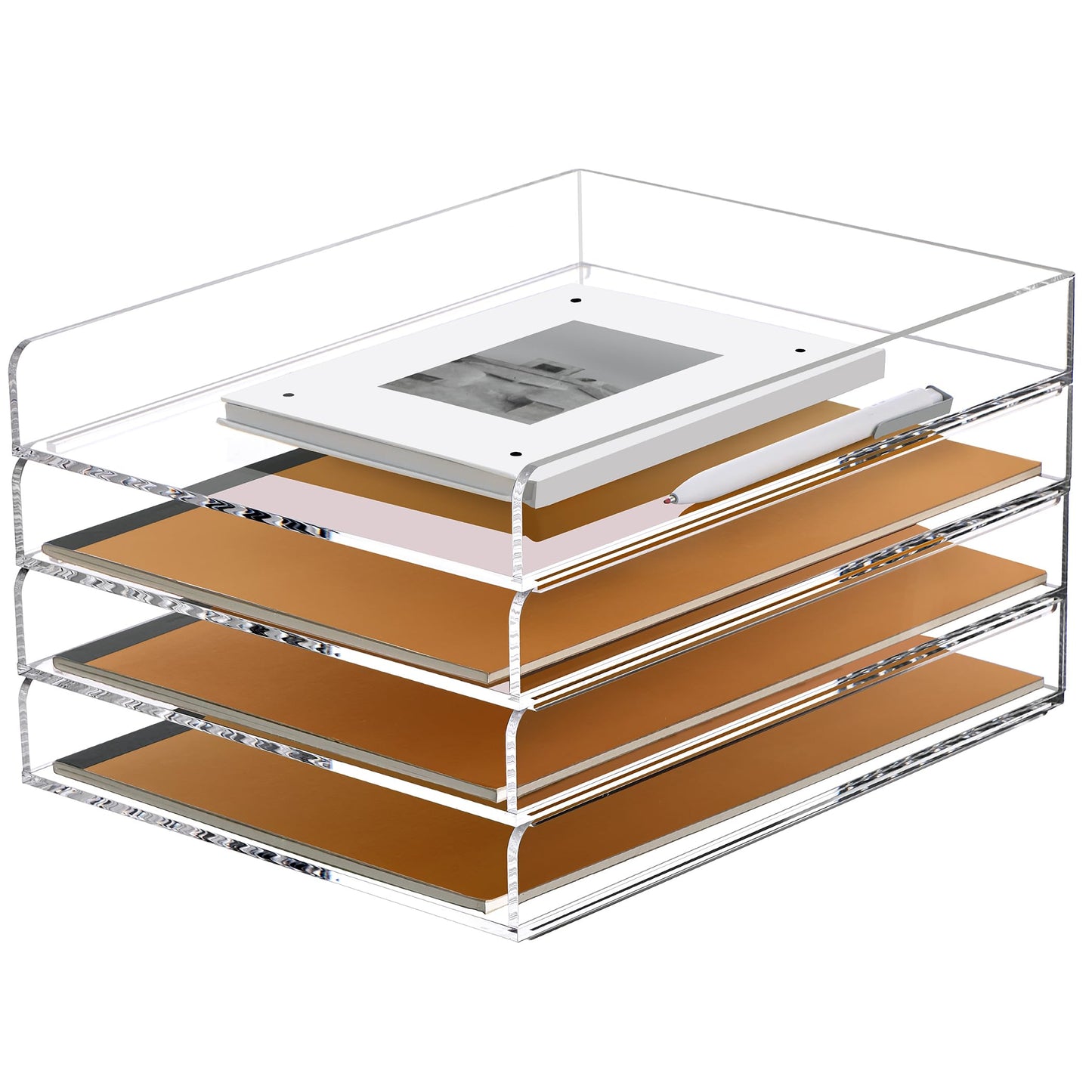SANRUI 4 Tier Stackable Paper Letter Tray, Acrylic Vertical File Tray A4 Desk Organizer and Accessories Sorter Trays, Clear Workspace Office Supplies Organizers,12inx9.25inx6.6in