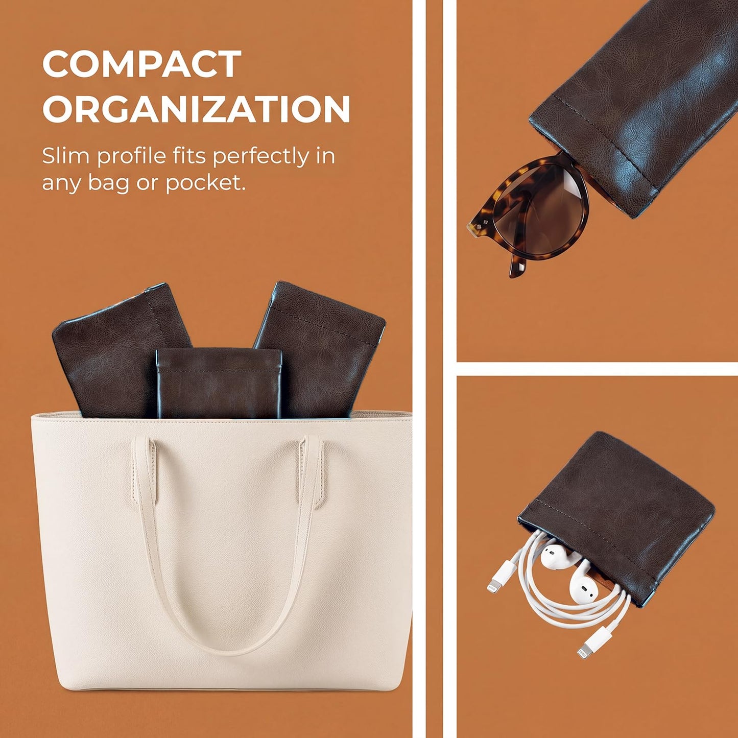 MOCICIGO 4PCS Snap Closure Organizer Pouch,Pu Leather Small Pouches for Purse Mini Cosmetic Bags for Travel Waterproof Makeup Women Purse Pouch Three Sizes Coin Purse Organizer Storage Pouch(Brown)