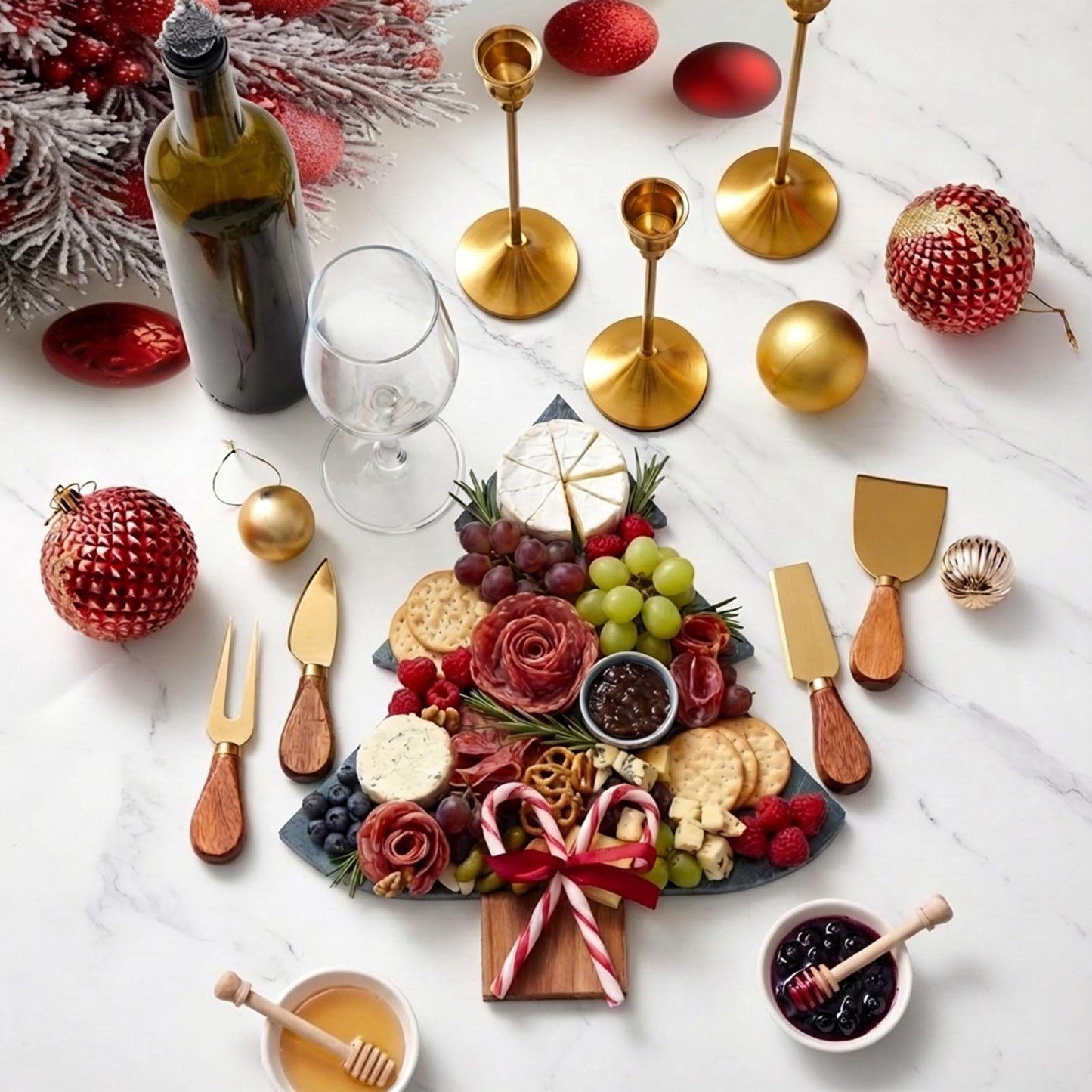10 Pcs Christmas Tree Charcuterie Board Gift Set with Marble Wood Cutting Serving Tray Cheese Knives Fork Honey Stick Wine Stopper Flavoring Dish Kitchen Utensils Gifts for Xmas Holiday Party Favor