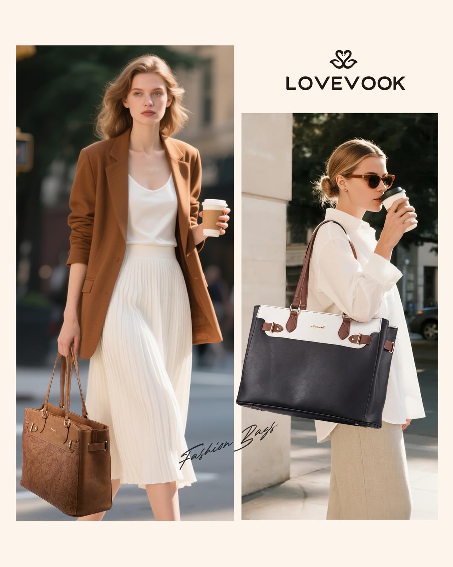 LOVEVOOK Laptop Tote Bag for Women Work, Teacher Tote Bag Nurse Bag with Large Cup Holder, 17.3 Inch Waterproof Leather Computer Bag Professional Business Office Briefcase, Black-beige-brown