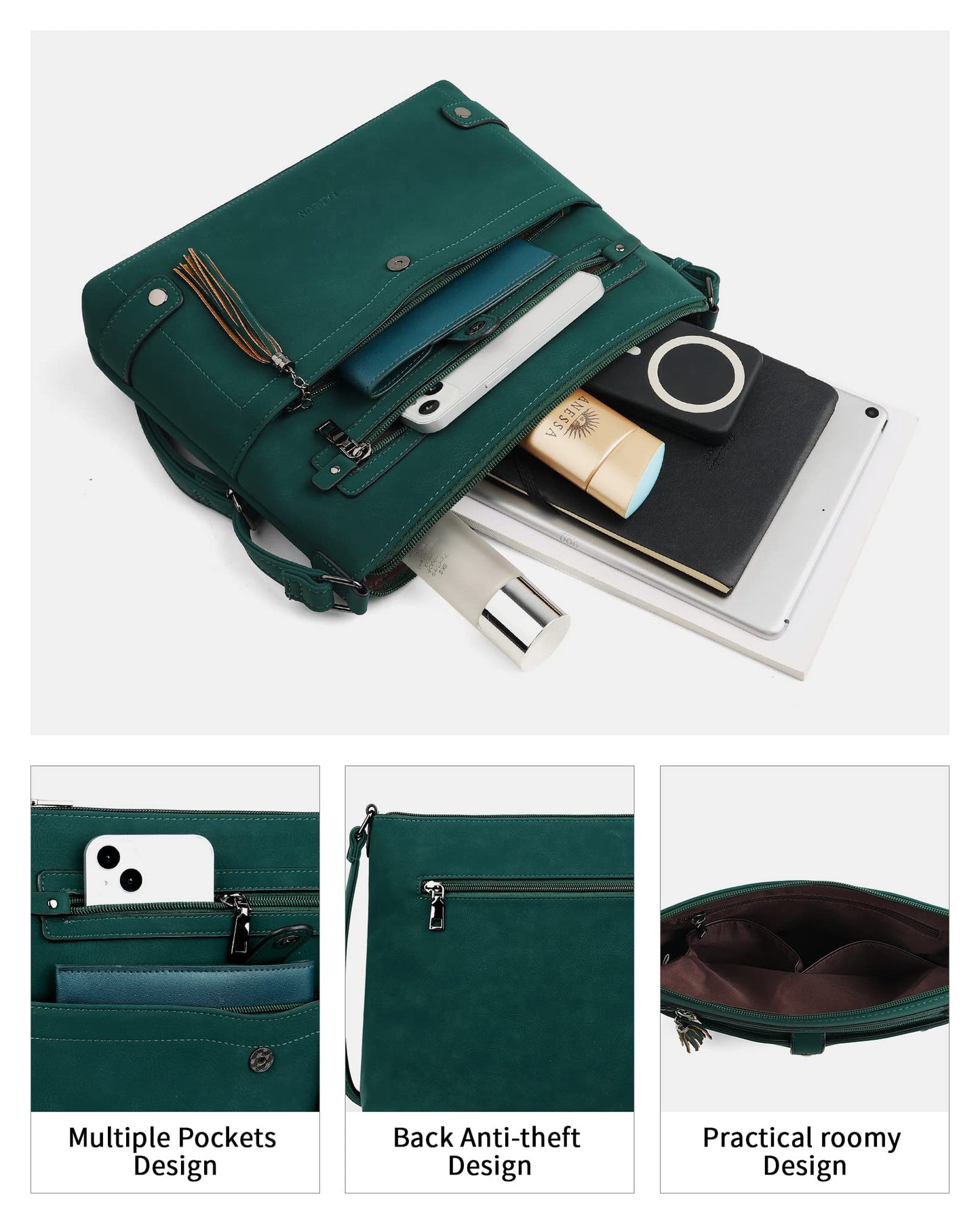 FADEON Large Crossbody Purses for Women Crossbody Bag, Leather Cross Body Purses Multi Pocket Roomy Shoulder Bag ,Dark Green Suede Style
