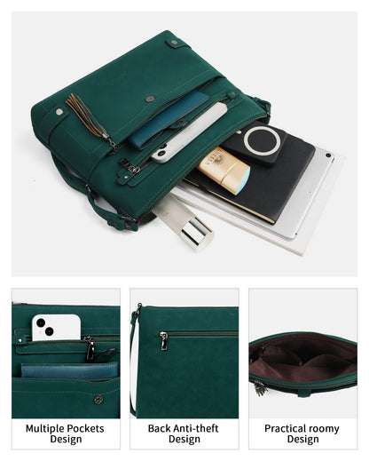 FADEON Large Crossbody Purses for Women Crossbody Bag, Leather Cross Body Purses Multi Pocket Roomy Shoulder Bag ,Dark Green Suede Style