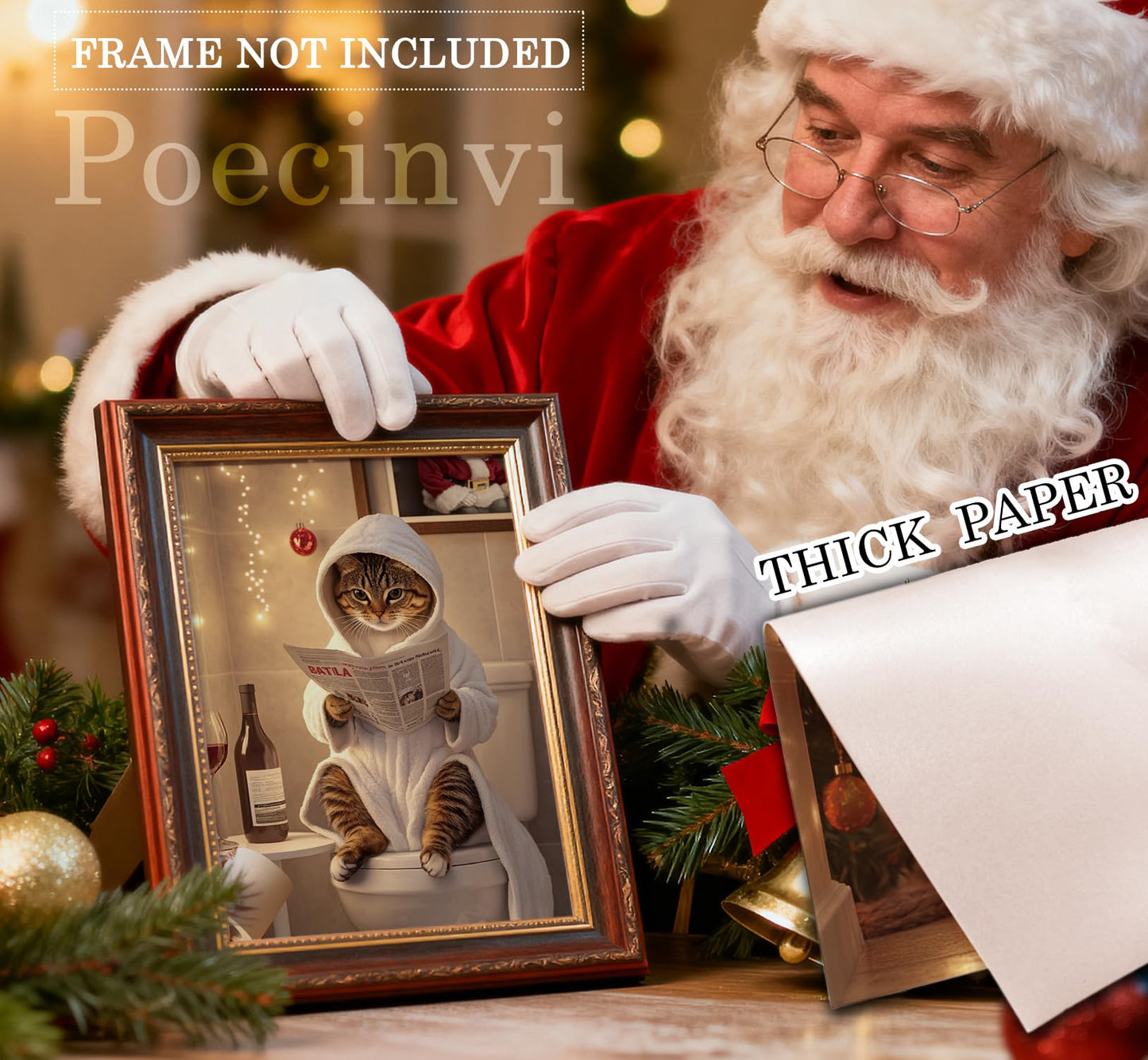 Poecinvi Funny Christmas Bathroom Wall Art Prints Set of 4, Christmas Bathroom Decor, Cute Cat Mouse Animal Xmas Posters Pictures Wall Decor for Kids Bath Room Washroom, 8x10 Unframed