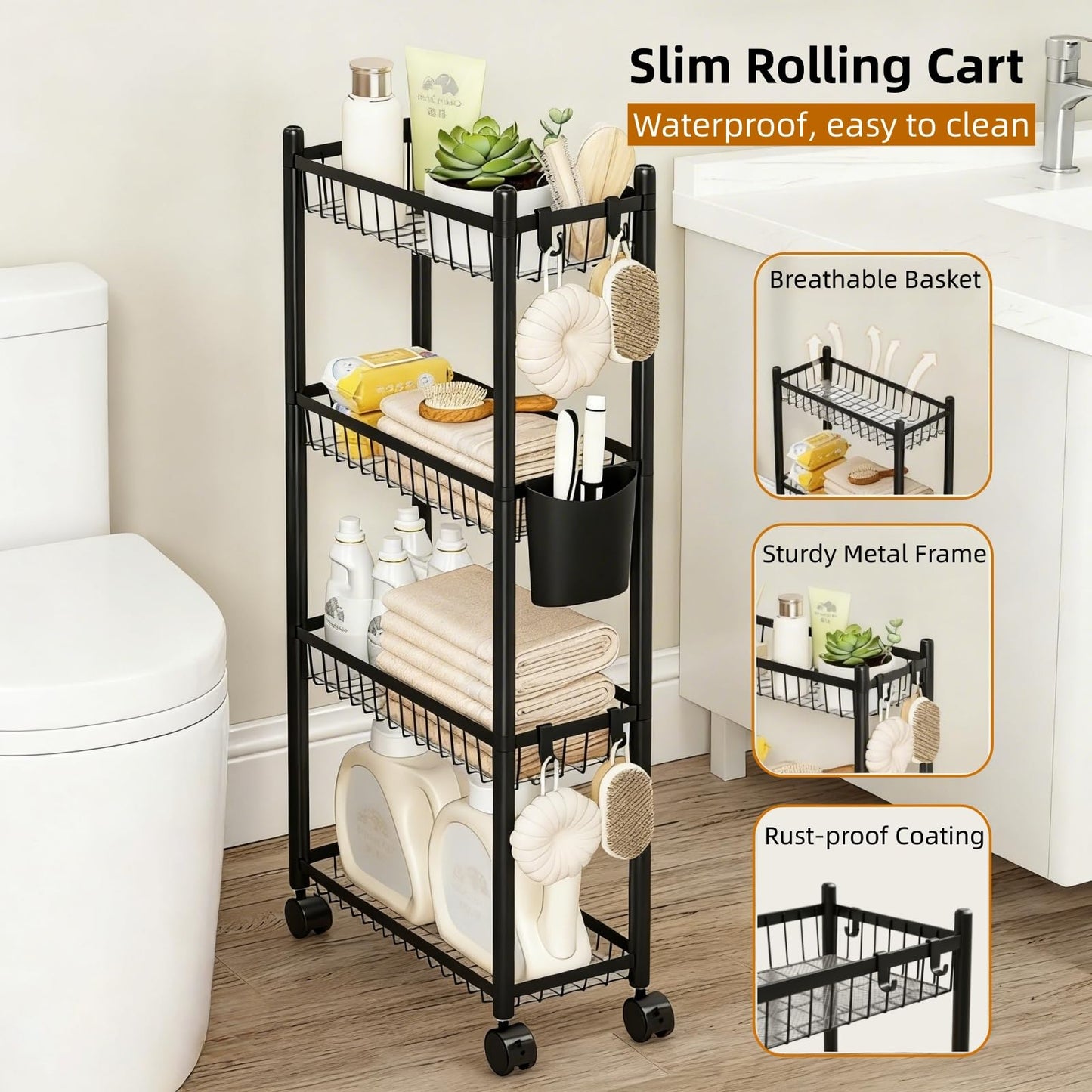 Slim Rolling Storage Cart, 4 Tier Narrow Utility Cart with Wheels, Skinny Metal Mobile Shelf Unit Organizer for Bathroom Kitchen Laundry Room Pantry Office Small Spaces, Black