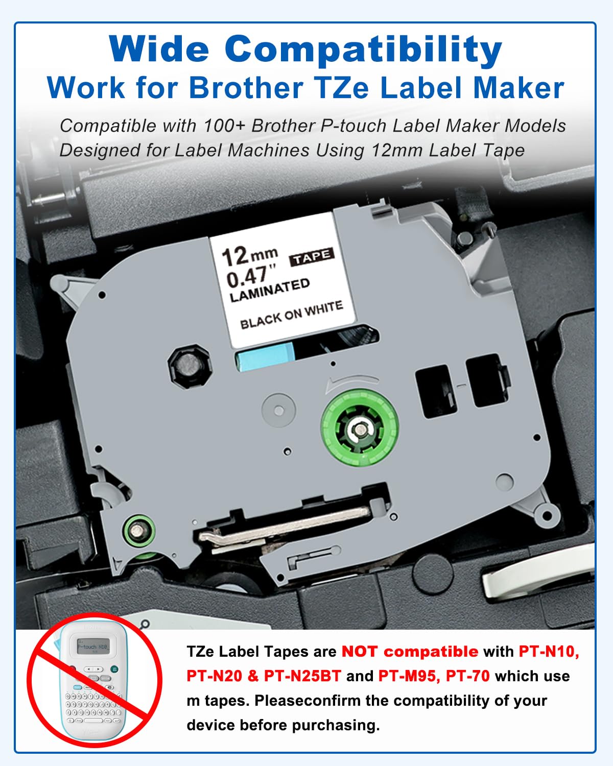 Compatible with Brother Label Maker Tape 12mm 0.47 Laminated White Refills TZe-231 TZe231 TZ TZe 1/2 Inch Black on White for P-Touch Label Maker PT-D220 PT-D210 PT-H110 PT-D200 D400 D610BT, 6-Pack