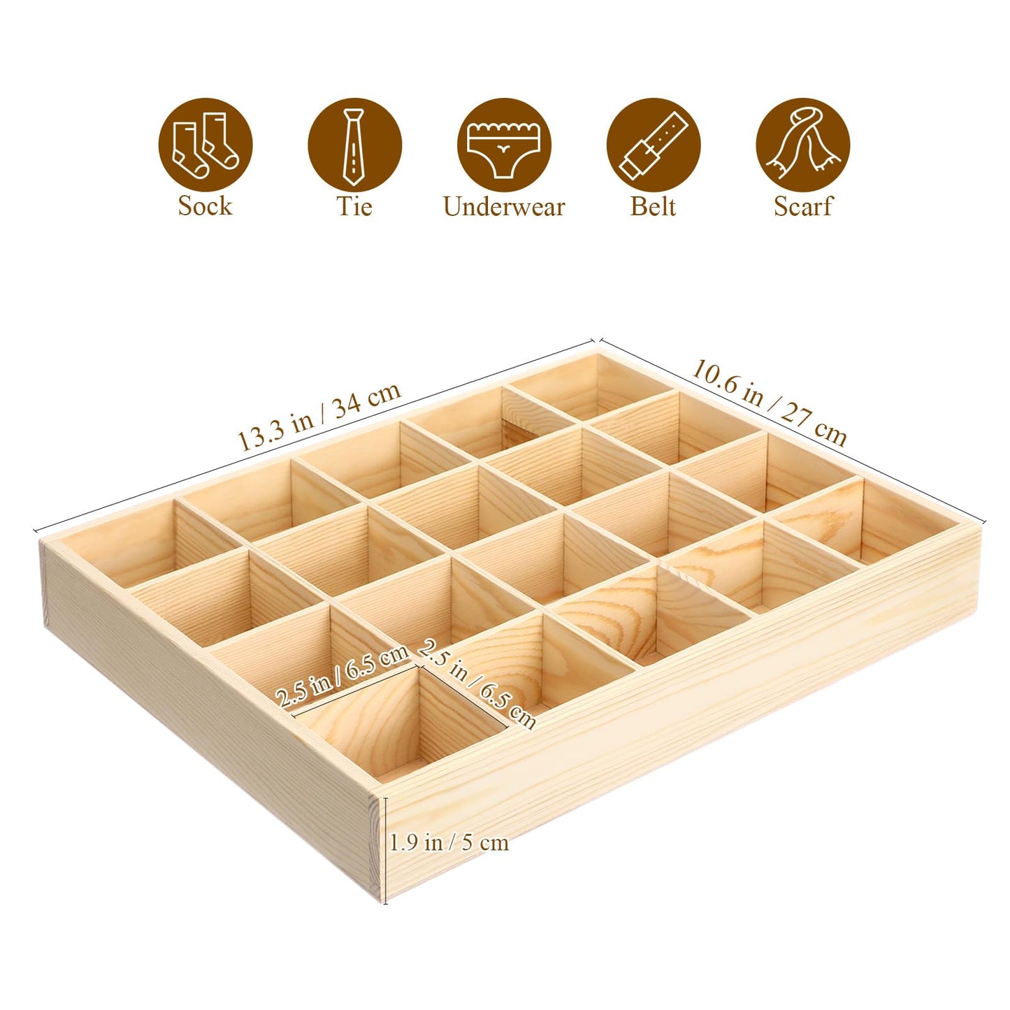 Ciieeo Wooden Drawer Organizer Box 13.38X10.62X1.96In Multi-Compartment Storage Divider for Socks Underwear Keys Home Closet Organization
