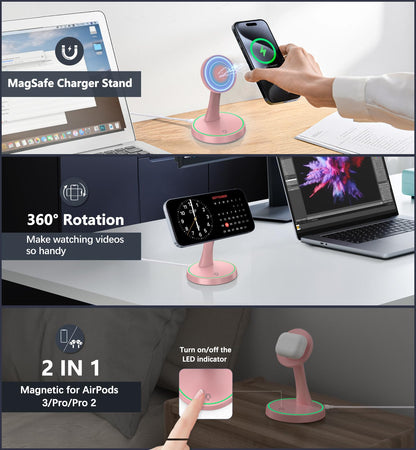 Magnetic Wireless Charger Stand 15W Fast Mag-Safe Charger for iPhone 17/17 pro/ 17 Air/ 17 pro max 16/15/14/13/12 Series Magnet Wireless Charging Station/Pad with Sleep-Friendly Light for AirPods