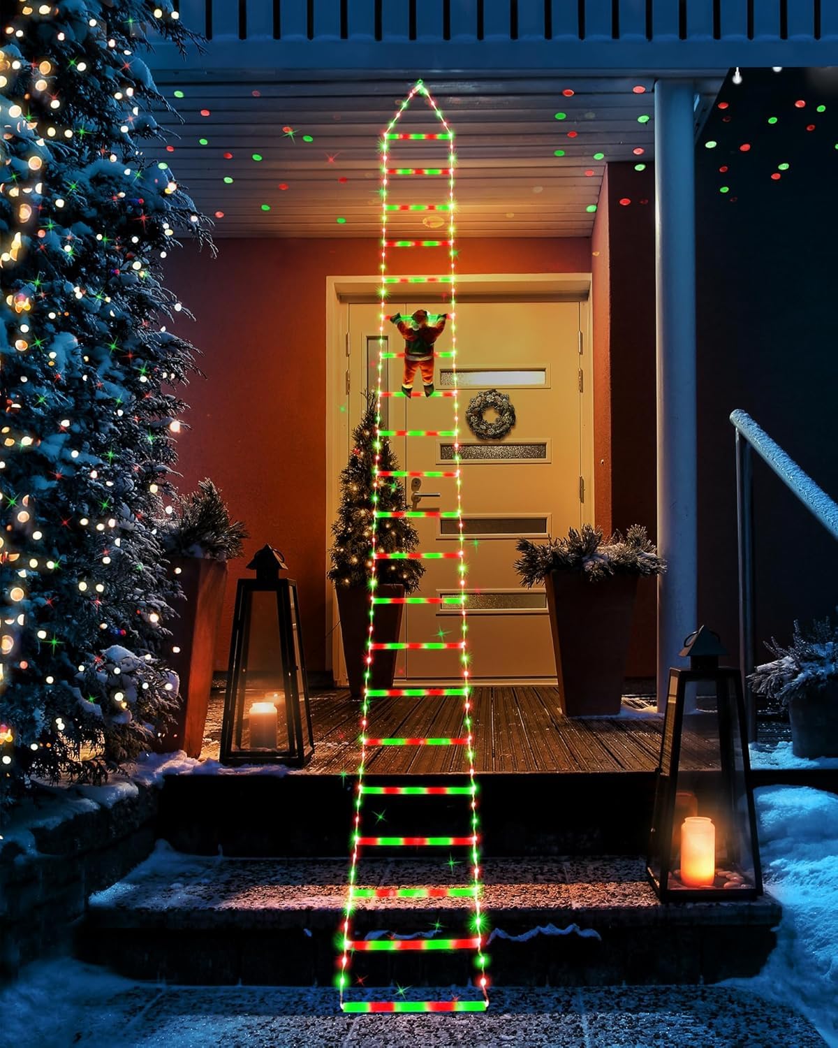 Christmas Decorations LED Ladder Lights with Climbing Santa Claus, 10ft Outdoor Christmas Decorative Light - 8 Modes Xmas Lights Tree for Home Holiday Wall Window Xmas Decor (Red & Green)