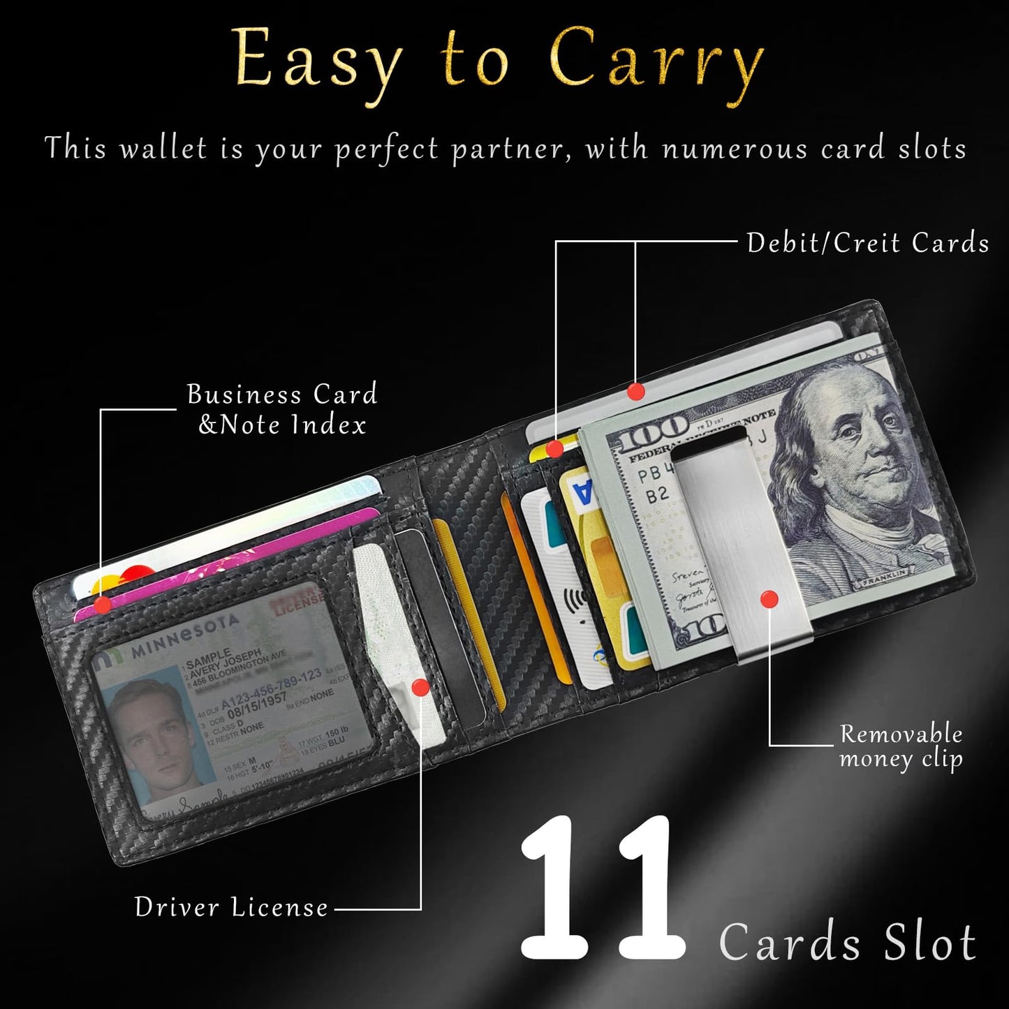TOPFORGES RFID Wallet for Men with Money Clip (Removable) Slim Mens Wallet Carbon Fiber Front Pocket Minimalist Cash Card Holder Fits 11 Cards ID Window Includes Gift Box(Black