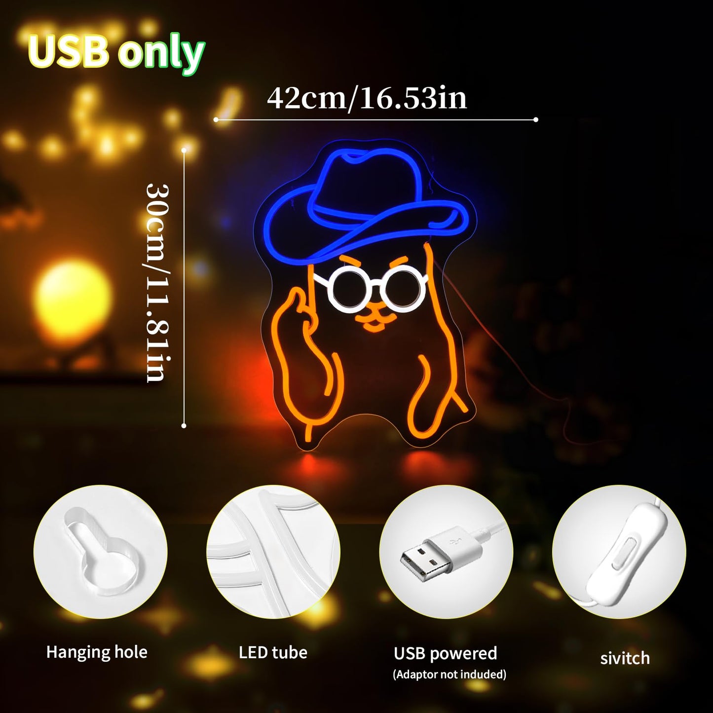 Qetibwk Cat Cowboy Neon Sign for Wall Decor Led Neon Signs Light Up Sign Room Decor Neon Lights Sign USB Powered