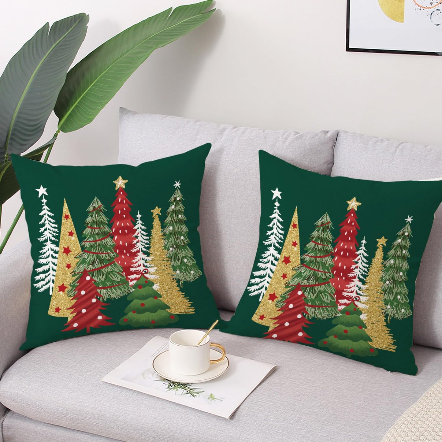 Coeufuedy Green Christmas Throw Pillow Covers 18 x 18 Inch Set of 2 Xmas Tree Christmas Winter Holiday Decorative Cushion Case for Sofa Couch Home Decor
