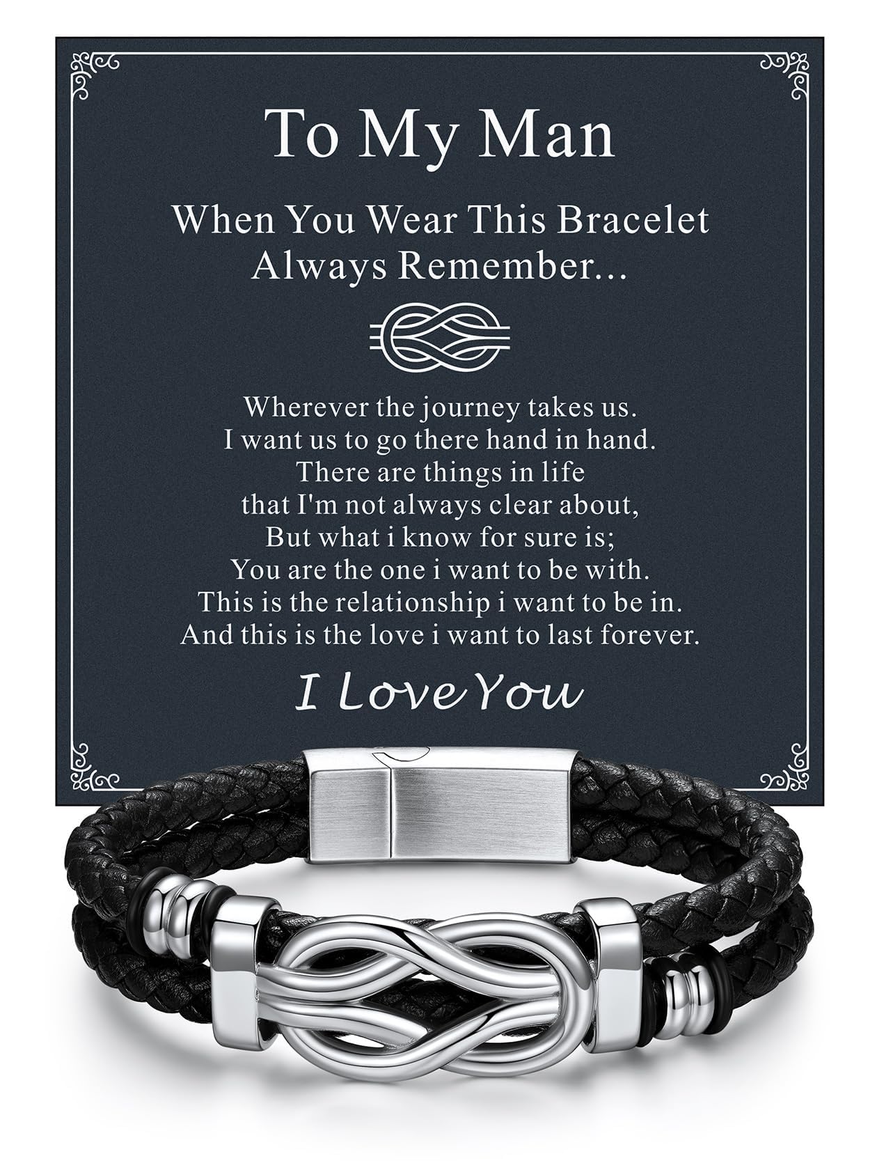 ChainsHouse Mens Leather Bracelet Idea Gift for Man Square Infinity Love Knot Braided Beaded Leather Cuff Bracelet 8.3 Inches Birthday Gifts for Men