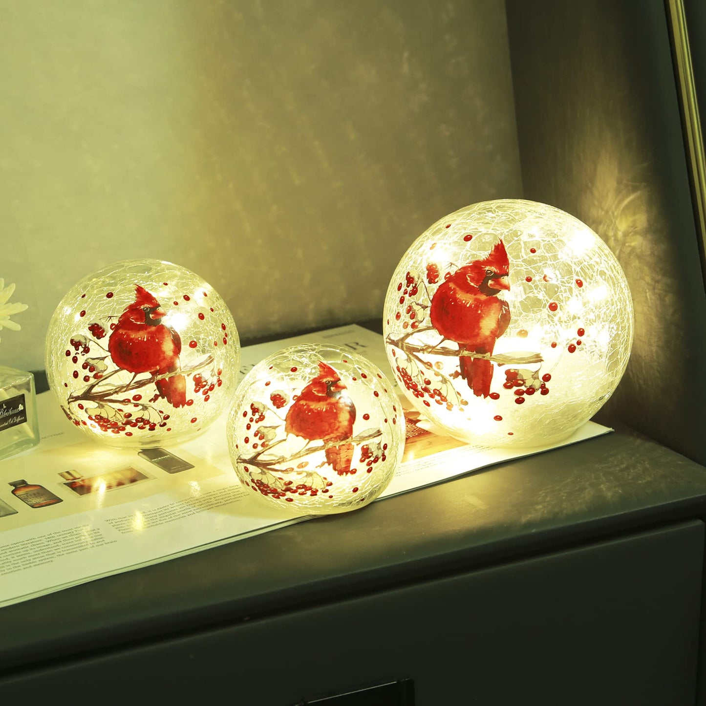 Crackle Glass Ball Cardinal Light Up Red Bird Stained Glass Christmas Decor Accent Globe Night Light, Mother's Day Gifts, Led Sphere Desk Table Lamp