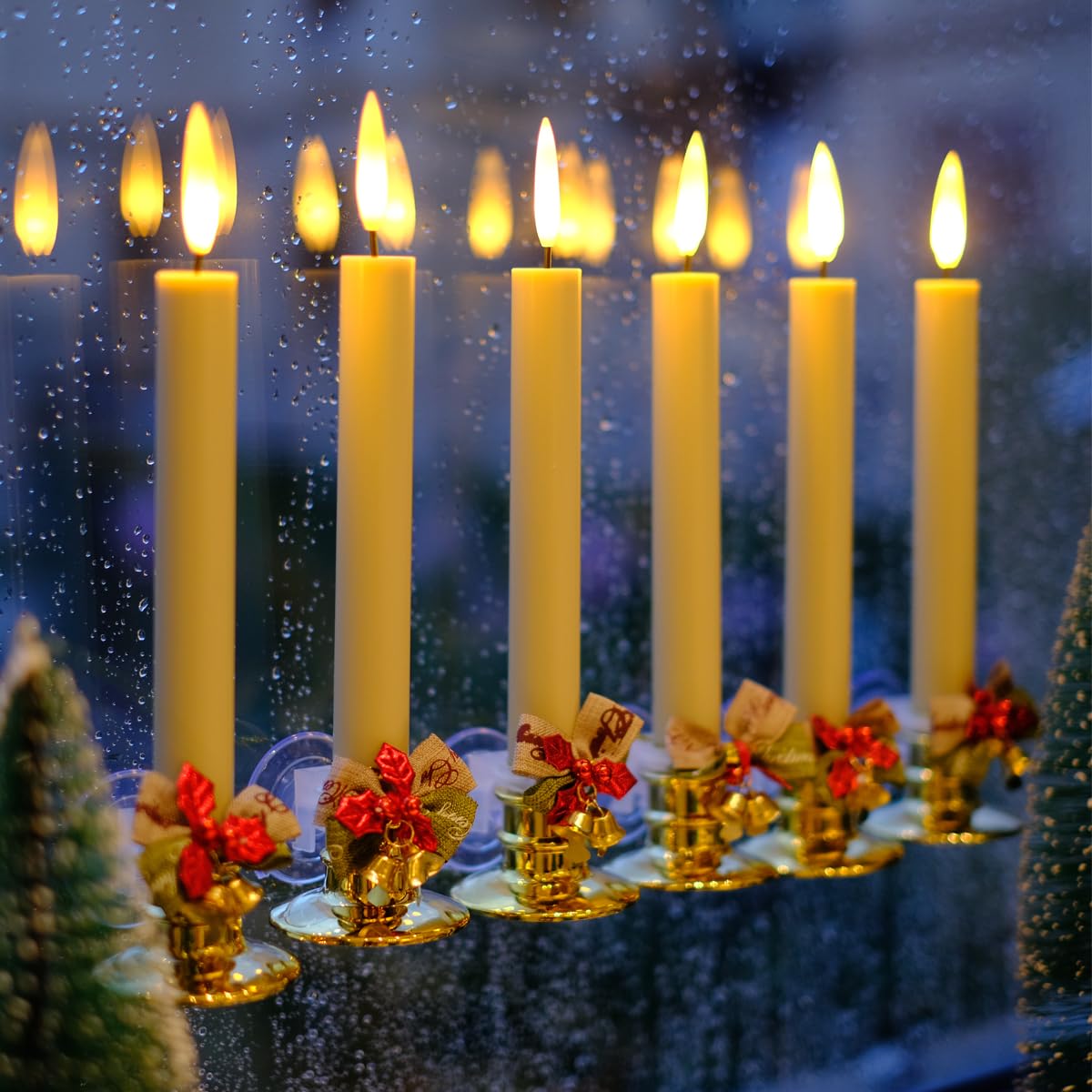 NONNO & ZGF 6 Pack Flameless 8.7'' Window Candles with 12 AA Batteries(Include) +6 Bows(with Bells) +6 Suction Cups+6 Golden Candleholders. Battery Powered Ivory Taper Candle with Remote and Timer