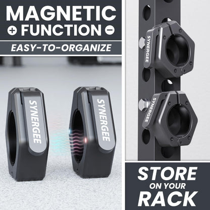 Synergee Black Magnetic Barbell Collars – Locking 2" Olympic Size Weight Clamps - Quick Release Collar Clips – Bar Clamps Great for Crossfit Olympic Lifts and Strength Training