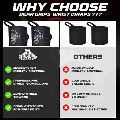 Bear Grips Wrist Wraps for Weightlifting | Weight Lifting Wrist Straps for Weightlifting | Extra Strength Gym Wrist Wraps | Two Wrist Wrap Per Pack | 12” & 18” | Lifting for Men & Women