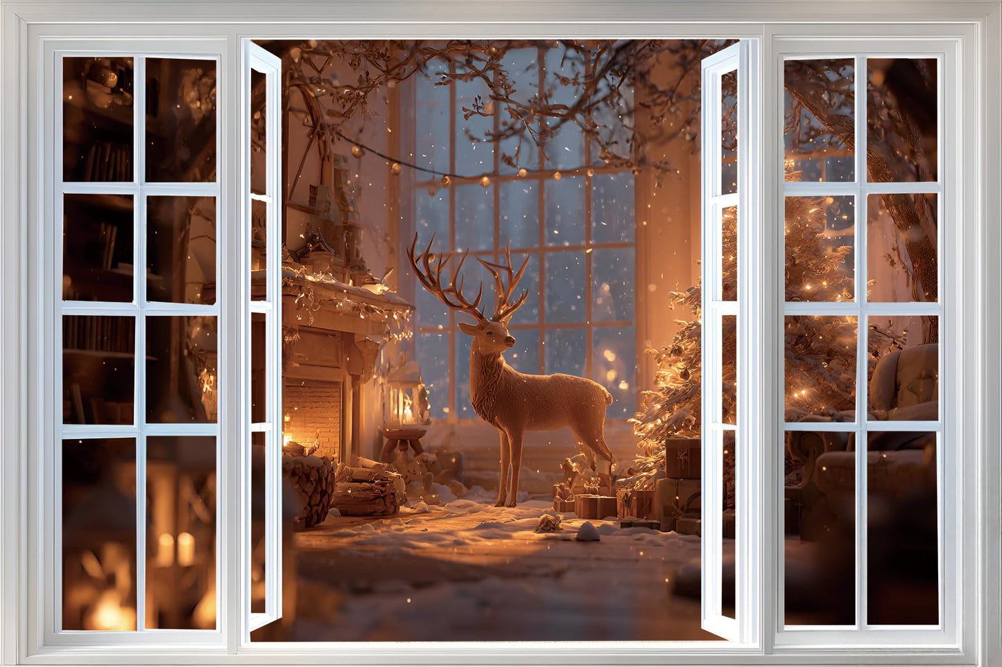 AMAZING WALL Christmas Reindeer Peel and Stick Fake Window Stickers Perfect for Bedroom/Office/Kids' Room Wall Decor,Removable and Self-Adhesive Wall Decals,24x36in/2PCS