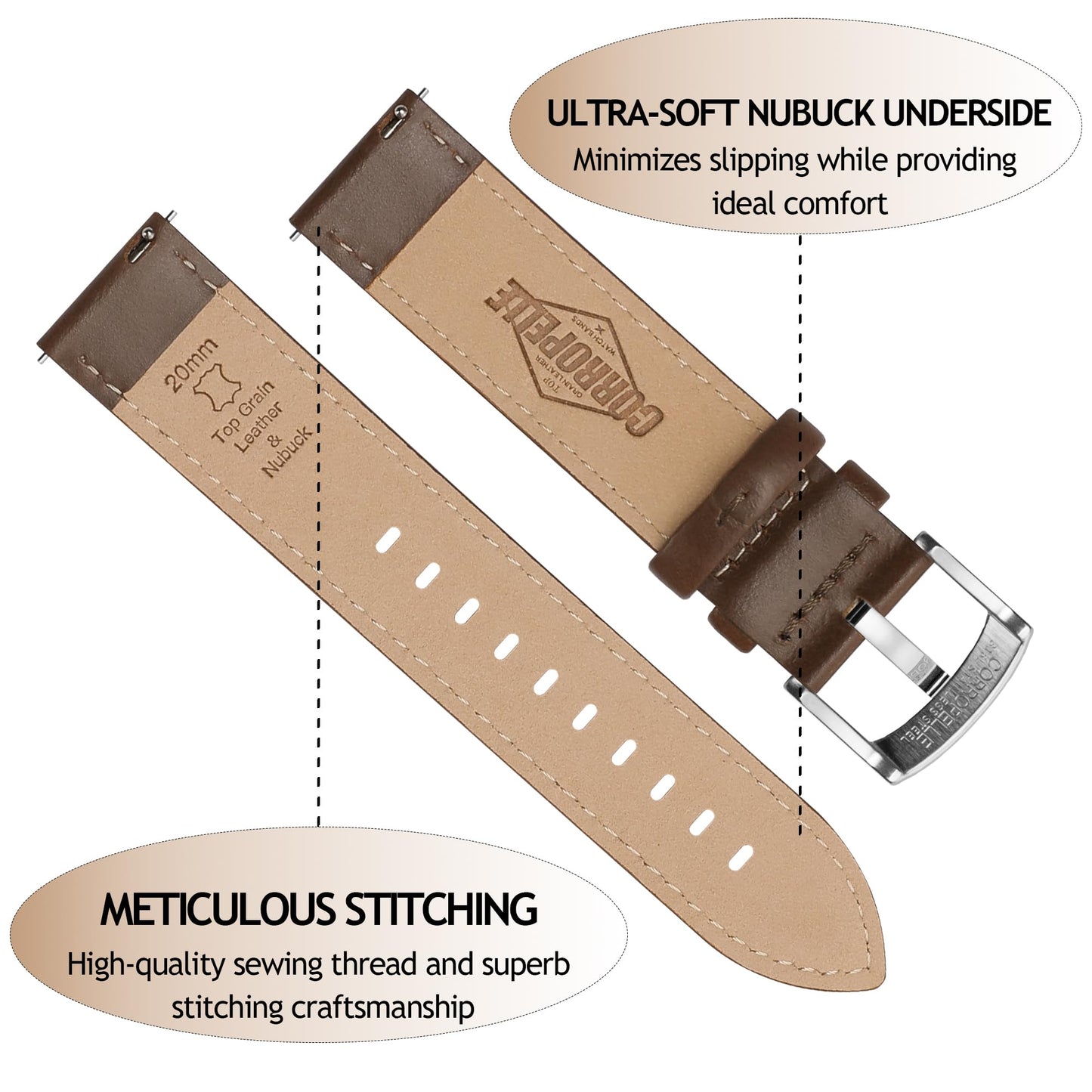 CORROPELLE Leather Watch Bands Quick Release, Elegant Top Grain Leather Watch Straps Band Replacement for Men and Women, Watch and Smartwatch, Choice of Width 18mm 19mm 20mm 21mm 22mm