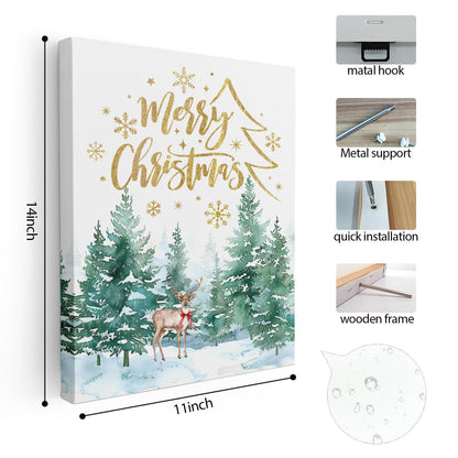 Christmas Wall Decor, Merry Christmas Woodland Reindeer Wall Art Poster, Christmas Tree Pictures Wall Decor for Living Room Bedroom, Christmas Wall Decorations, 11x14 Inch Framed