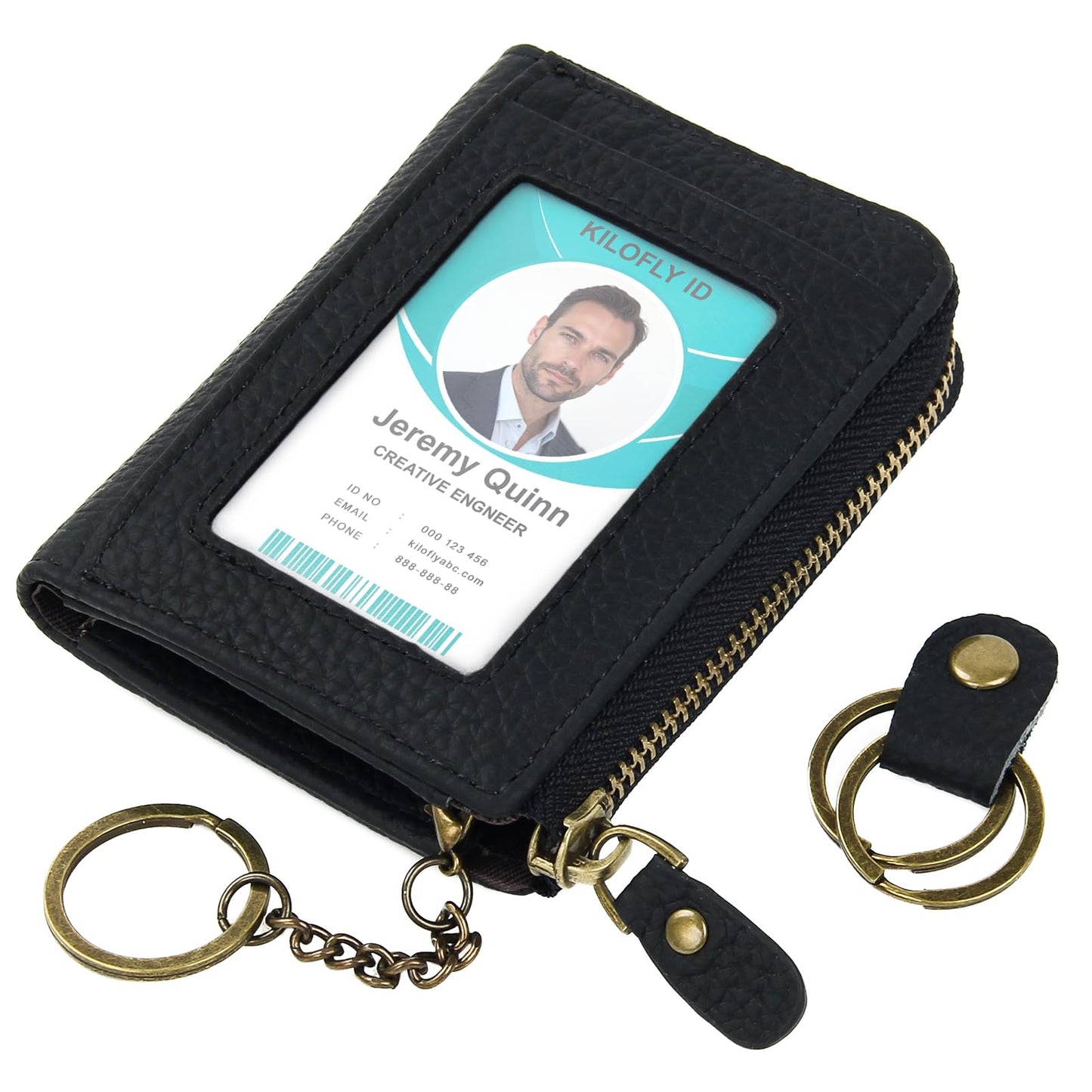 kilofly Genuine Leather Card Slot ID Holder Wallet + Keychain Cable Organizer