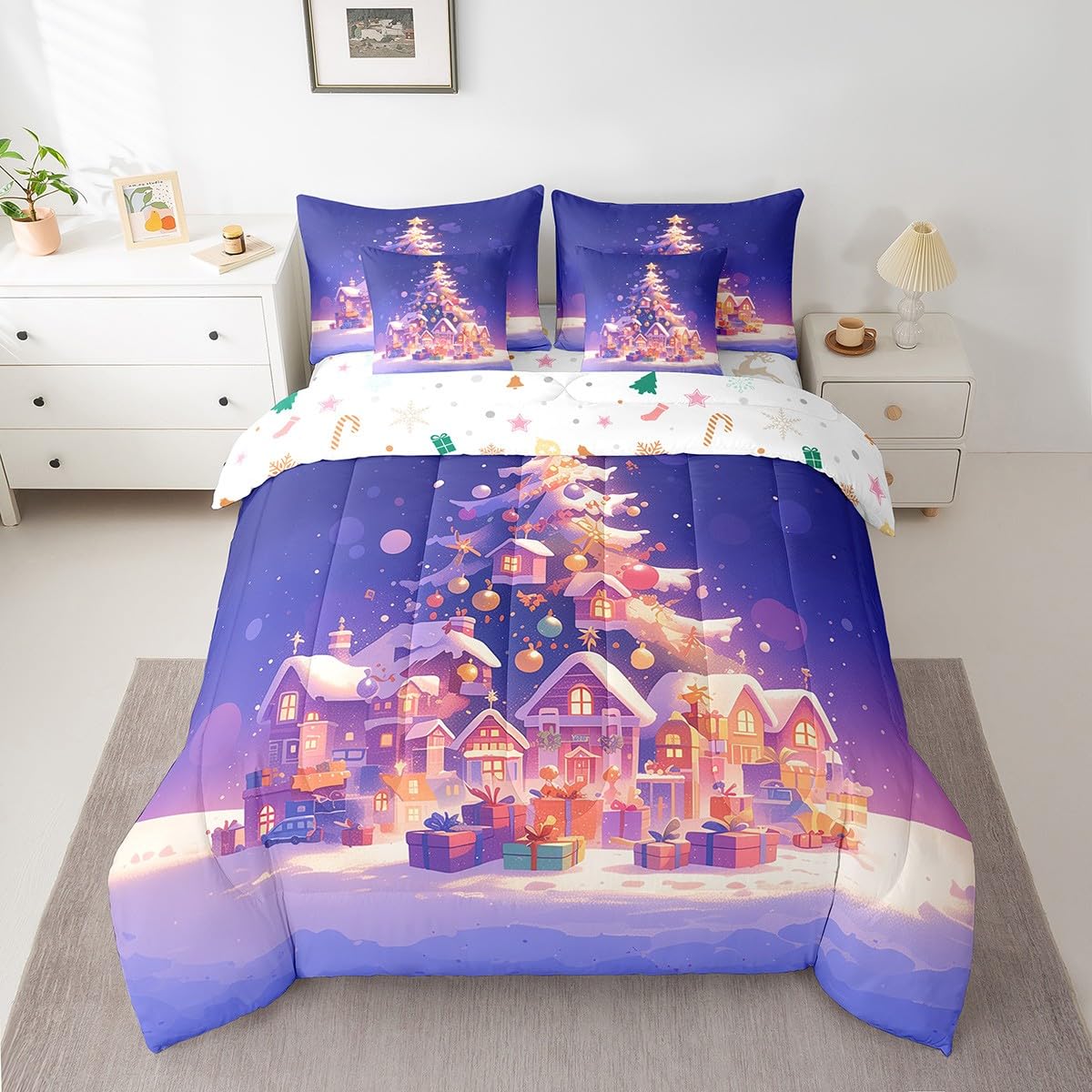 Manfei Merry Christmas 7 Pieces Comforter Set Full,Rustic Cabins Xmas Tree Gift Bedding Set for Bedroom Decor,Snow Winter Outdoor（Comforter+Fitted+Flat Sheet+2 Pillowcases+2 Throw Pillow Covers）