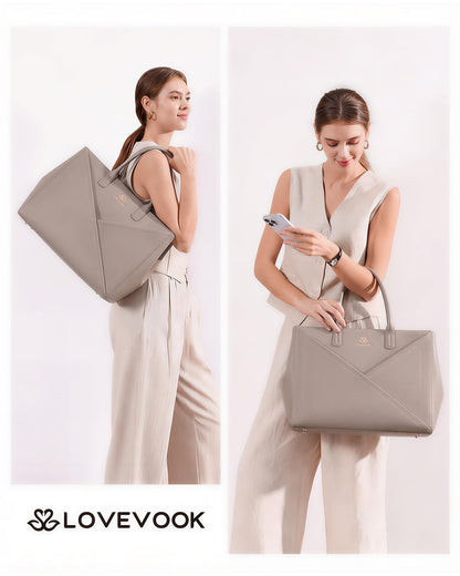 LOVEVOOK Laptop Tote Bag for Women with Large Cup Holder, 16 Inch PU Leather Work Bag Teacher Tote Bag, Waterproof Computer Bags Business Office Briefcase Handbag