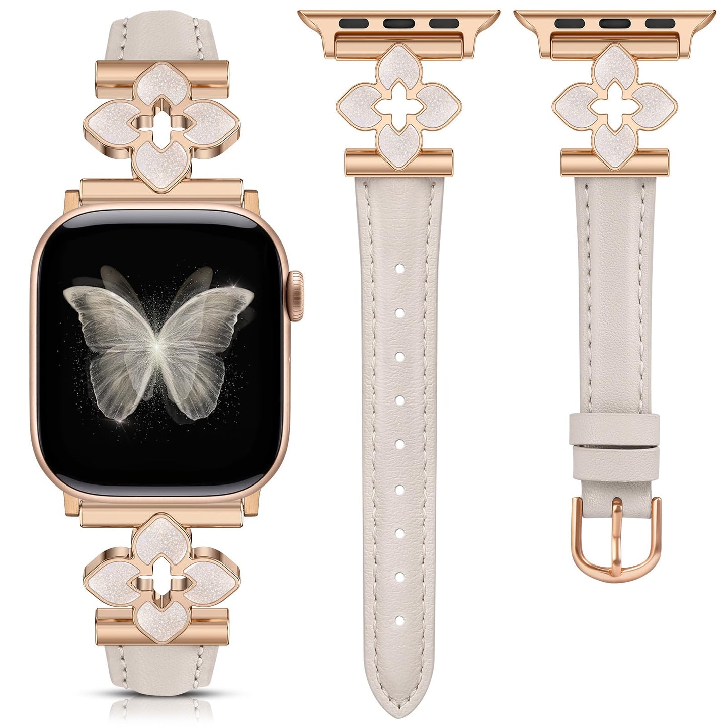 Minyee Compatible with Apple Watch Band 38/40/41/42mm Women, Dressy Chic Premium Soft Leather Strap with Dainty Flower Charm for iWatch Series 11 10 9 8 7 6 5 4 Ultra/SE 3 2 1, Starlight/Rose Gold