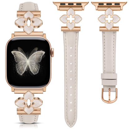 Minyee Compatible with Apple Watch Band 38/40/41/42mm Women, Dressy Chic Premium Soft Leather Strap with Dainty Flower Charm for iWatch Series 11 10 9 8 7 6 5 4 Ultra/SE 3 2 1, Starlight/Rose Gold