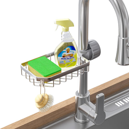 LONIN Sponge Holder Over Faucet Kitchen Sink Caddy Organizer, Stainless Steel Detachable Hanging Faucet Drain Rack for Bathroom, Scrubbers, Soap, Chrome
