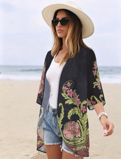 Women's Floral Kimono Print Puff Sleeve Loose Cardigan Cover Up Casual Blouse Tops (Black Matcha Green Print, XL)