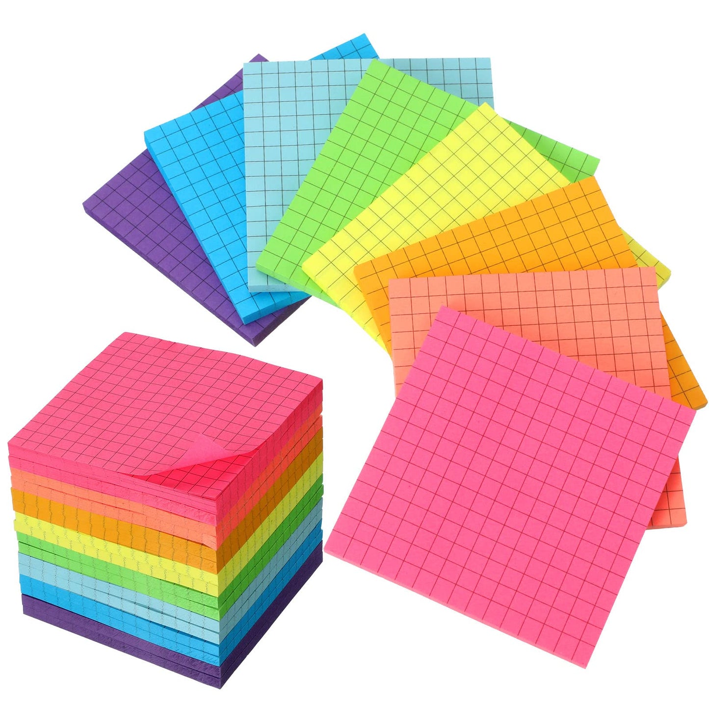 Geosar 24 Pack Lined Grid Sticky Notes 3 x 3 Inch Note Colorful Self Stick Notes Power Memo Pads Strong Adhesive Self Stick Note for Gifts School Office Supplies 8 Colors(Bright Color)