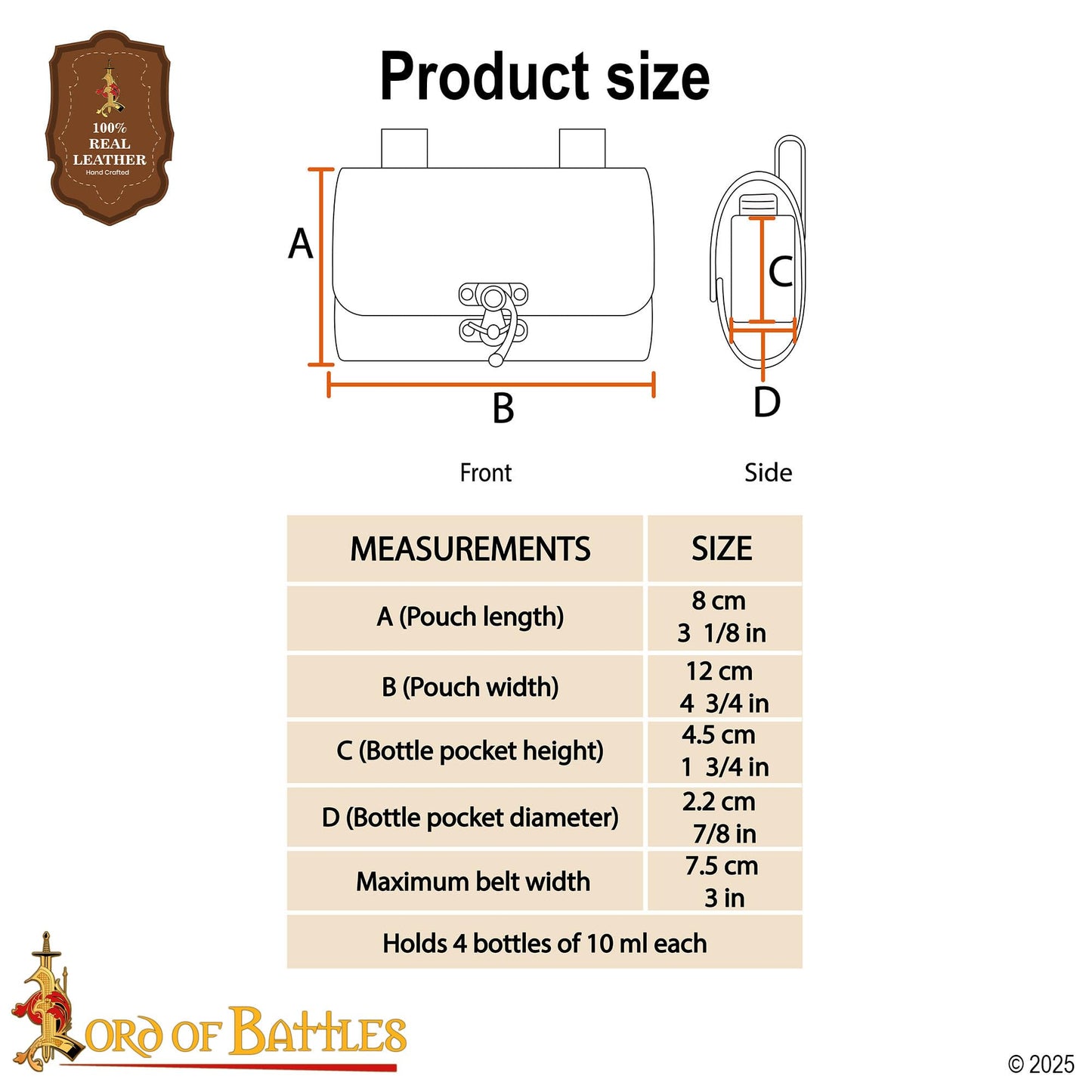 Lord of Battles Medieval Alchemy Buff Leather Belt Bag with 4 Mini Glass Bottles | The Elfic Potion Vintage Belt Waist Pouch Side Pack for Ren Faire, Cosplay (Maroon)