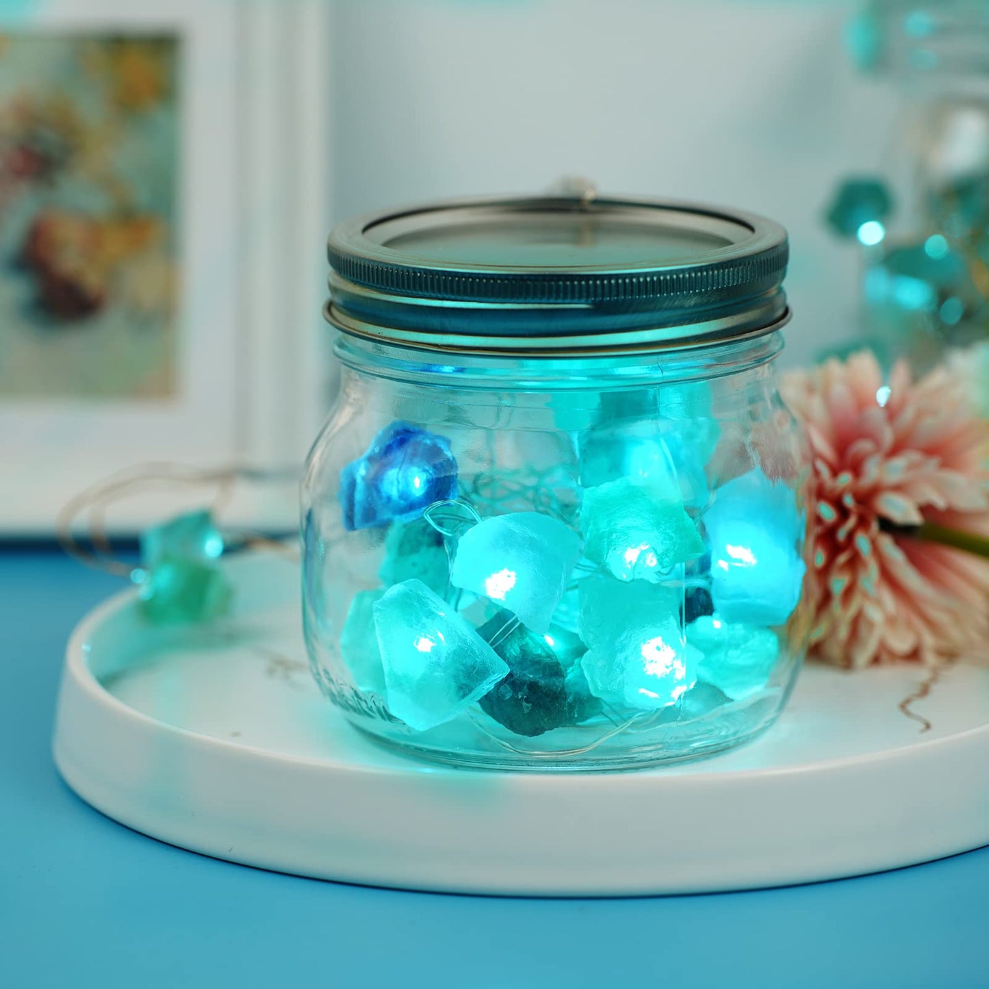 BOHON Natural Fluorite String Lights Battery Operated with Remote Sea Glass Raw Stones Decorative Lights 6.5ft 20 LEDs for Bedroom Party Indoor Christmas Wedding Decor