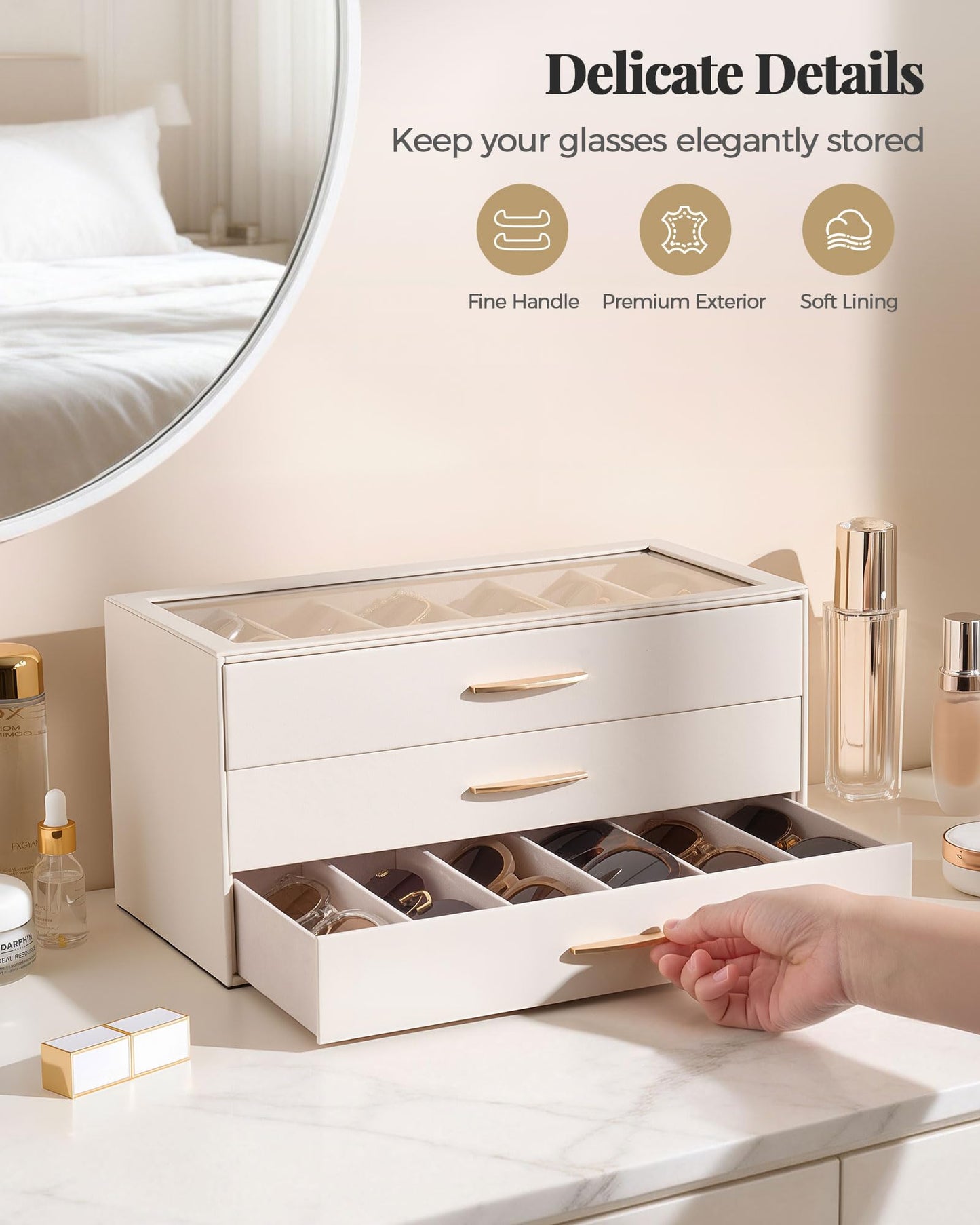 Lolalet 18 Slots Sunglasses Organizer Case for Women, 3-Layer Eyeglass Storage Holder Display Box with Clear Top Lid, Mothers Day Gifts -Cream
