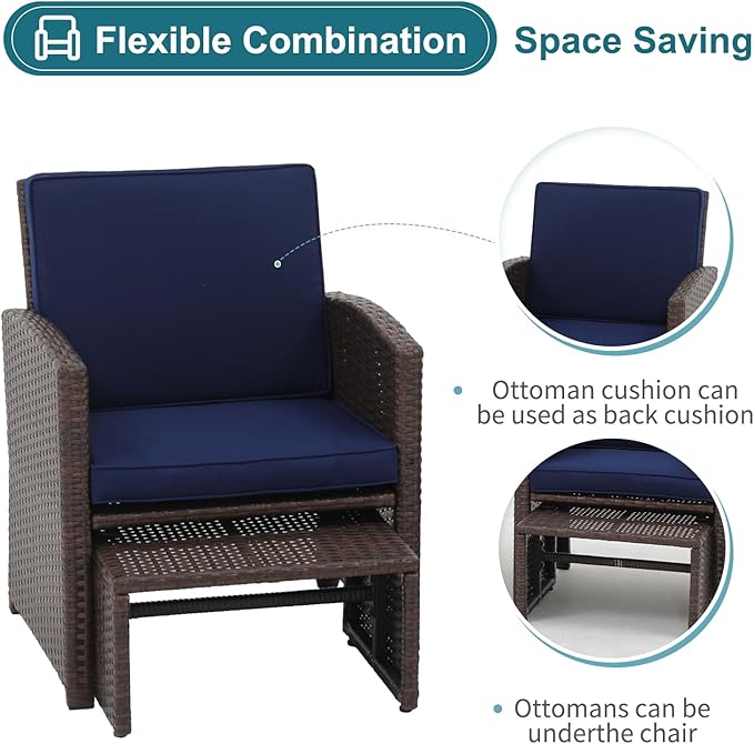 OC Orange-Casual 5 Pcs Patio Conversation Set Balcony Furniture Set with Cushions, Brown Wicker Chair with Ottoman, Storage Table for Backyard, Garden, Porch, Blue