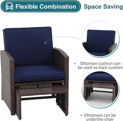 OC Orange-Casual 5 Pcs Patio Conversation Set Balcony Furniture Set with Cushions, Brown Wicker Chair with Ottoman, Storage Table for Backyard, Garden, Porch, Blue