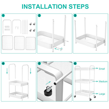 PNVXNUS 3-Tier Rolling Metal Storage Cart with Wheels, Multi-Functional Organizer for Office, Kitchen, Bathroom, Books Diapers - Easy Assembly (White)