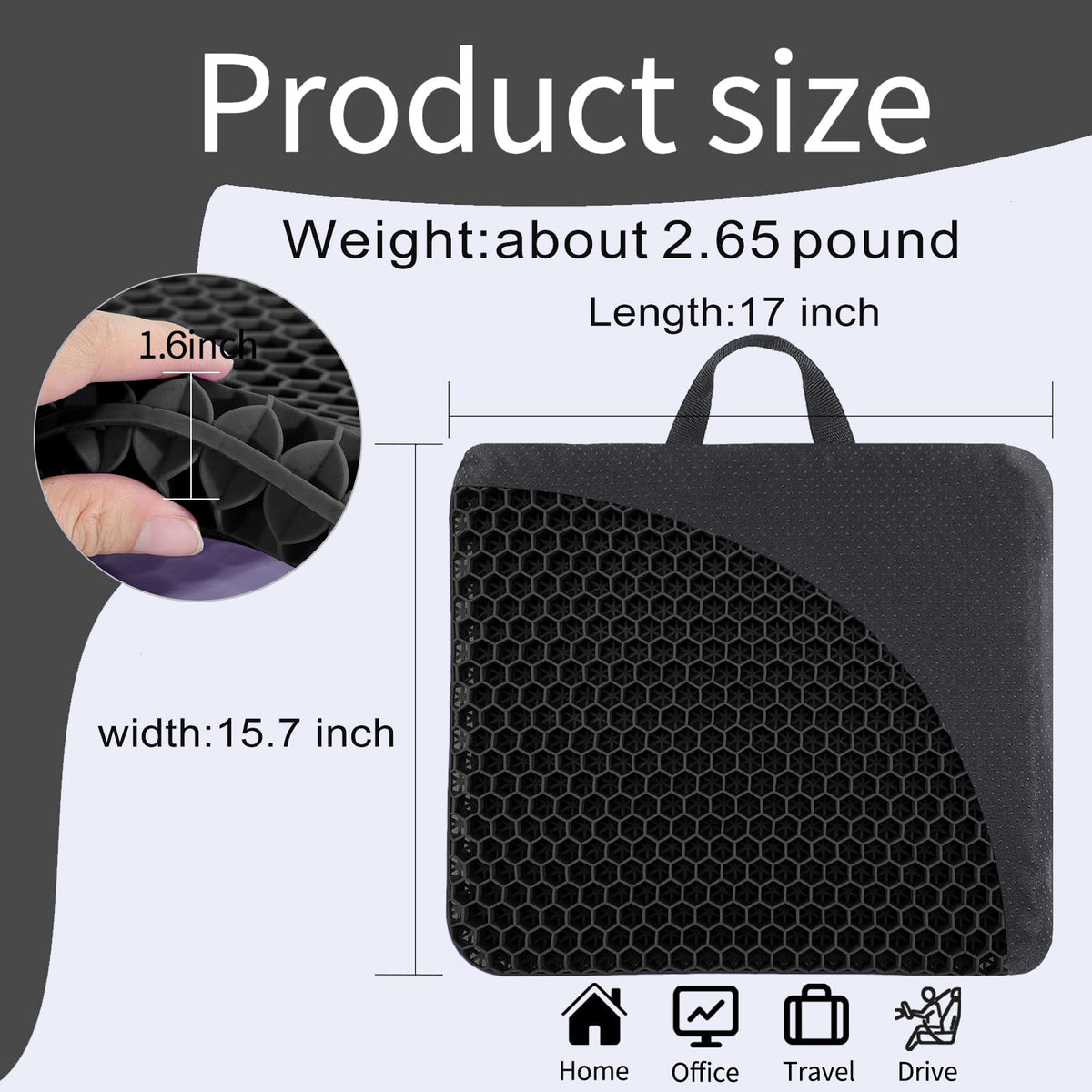 Fzitiy Gel Seat Cushion, for Long Sitting -Double Thick Gel Seat Cushion Breathable Honeycomb Chair Cushion with Non-Slip Cover for Office Chair Car, Wheelchair, Long Trips,Relief Sciatica Pain